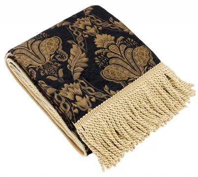 Jacquard-Tagesdecke 130x170 cm, Polyester, Schwarz mit Goldfransen
