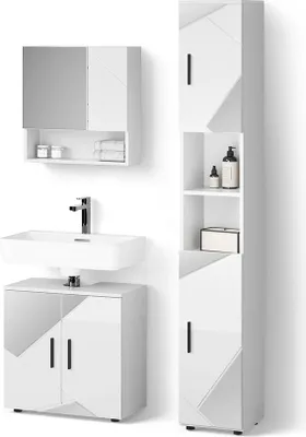 Image de Ensemble meubles bain Livinity Ronco Blanc brillant avec inserts 3 pièces, avec armoire à tiroirs et armoire haute, Model 52746