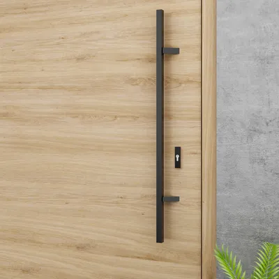 Produktbild von Eckiger Stoßgriff mit Rosette Schwarz RAL9005 Haustürgriff 45° Anschlag Türgriff Lochabstand 800mm