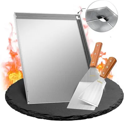 Image de Plaque de cuisson en acier inoxydable V2A de 4 mm, plancha avec set de spatules pour grill, plancha pour barbecues à gaz et à charbon, plaque de cuisson universelle, rectangulaire, dimensions 40 x 30 x 2,5 cm