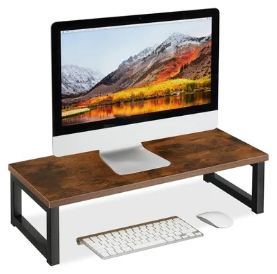 Productafbeelding van Monitorstandaard hout - Beeldschermverhoger - 55 x 23 cm - Industrieel design - Bruin/zwart - Tot 20 kg