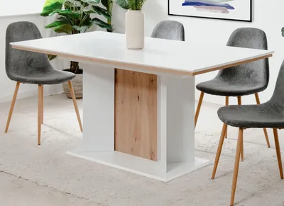 Produktbild von Esstisch "Varese" in weiß und Artisan Eiche Säulentisch ausziehbar 160 / 200 x 90 cm