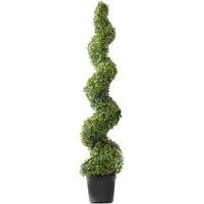Imagen del producto de Planta de boj artificial, 152,4 cm de altura, de 2 piezas, con diseño en espiral y hojas adicionales, maceta de cerámica y pequeña decoración. Resistente a los rayos UV, ideal para decoración tanto en interiores como en exteriores