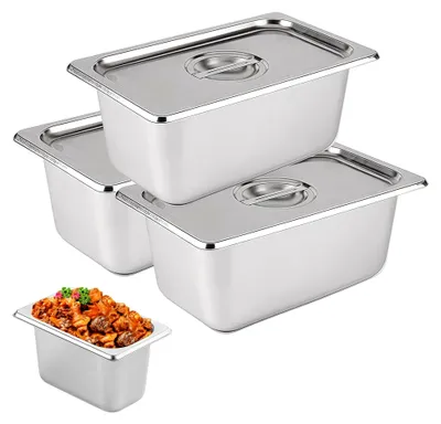 Produktbild von Set von 3 Panierschalen mit Deckel aus Edelstahl, GN Behälter 1/9, 17,6×10,8×10 cm, Gastro Behälter für Schnitzel, Fischkoteletts und Hähnchenkoteletts