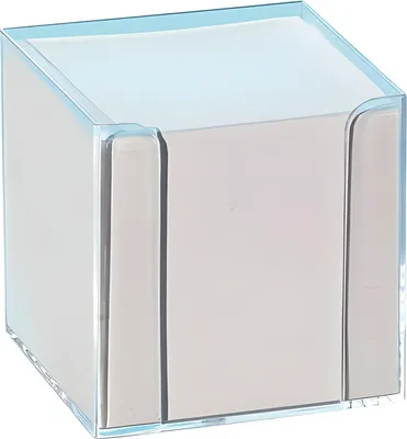 A clear plastic dispenser filled with white sticky notes.