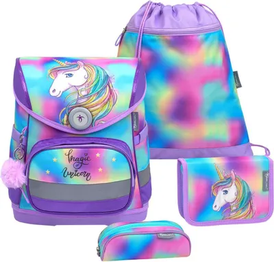Zdjęcie produktu dla Belmil zestaw tornister COMPACT 2024 zamek magnetyczny Rainbow Colour (motyw: jednorożec z tęczową grzywą) dla dziewczynek