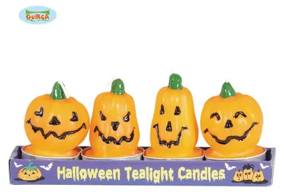Produktbild von 4 kleine Kürbiskerzen Halloween Deko Set