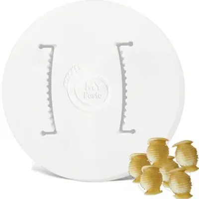 A white mold with text and a group of small, hive-shaped pasta pieces in the foreground.