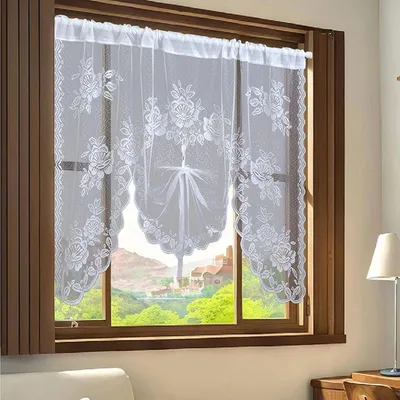 Imagen del producto de Cortina para cocina (100x150 cm) - Velo transparente con bordado de flores y hojas, estilo encaje, forma de arco "M" - Paso para barra - Poliéster - Blanco - Estilo campestre