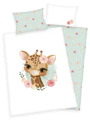 Produktbild von 3 tlg Baby Wende Bettwäsche Set Flanell - Giraffe - 40x60 100x135 cm + 1 Spannbettlaken 60x120 - 70x140 cm