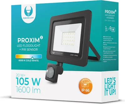 The image shows the packaging of a LED floodlight with a PIR sensor.