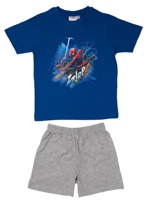 Produktbild von Marvel Spiderman Schlafanzug für Jungen Kinder Pyjama Set Kurzarm Oberteil mit Hose Blau/Grau 134-140