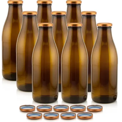 Milch Glasflaschen braun im Set mit 9 Flaschen und Ersatzdeckeln kupfer