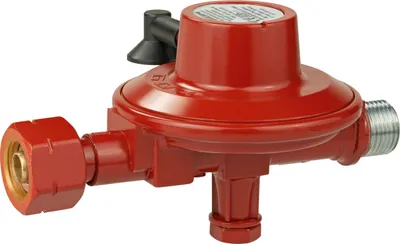 A red gas pressure regulator with a black knob is shown against a white background.
