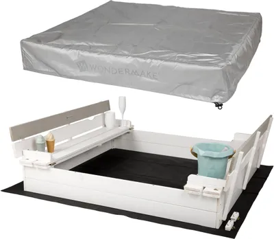 Image de WONDERMAKE® Bac à sable design avec couvercle Banc et fond, bac à sable en bois carré fermable avec banc Jardin extérieur pour enfants, 120x120 cm, sapin, blanc gris argenté
