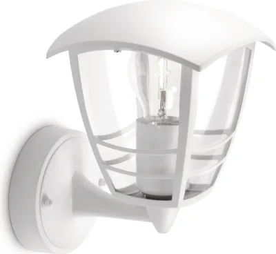 A white outdoor wall lamp with a clear glass enclosure and a visible light bulb.
