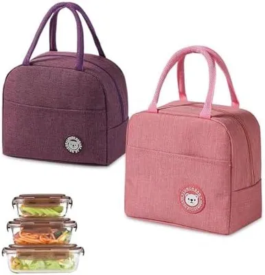 Produktbild von 2 Stück Isolierte Lunchtasche, Faltbarer Thermotasche Klein, Tragbarer Lunchbox Tasche, Rosa und Lila, Lunch Kühltasche für Büro, Schule und Camping