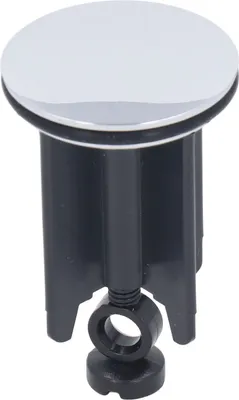 A bathroom drain stopper with a chrome-plated cap and a black plastic base.
