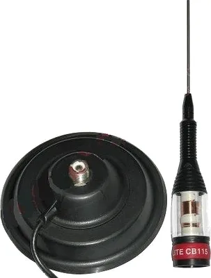 A CB antenna and its magnetic base are shown against a white background.
