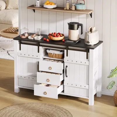 Immagine prodotto di Credenza bianca 120 cm con ante scorrevoli e 3 cassetti, mobile bar rustico in legno, credenza per cucina, sala da pranzo e soggiorno