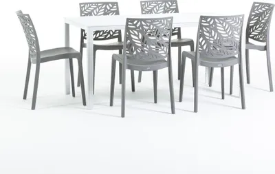 Image de Set de salle à manger d'extérieur avec table rectangulaire 156x78 cm et 6 chaises empilables en résine renforcée de fibres de verre - design moderne imitation bois, idéal pour le jardin, la terrasse et les espaces extérieurs couverts - THOMAS+DAFNE - Gris foncé/Blanc