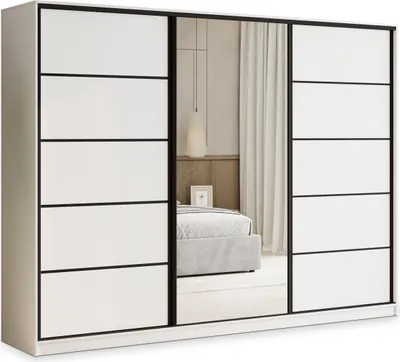 Produktbild von Masseno Schiebetürenschrank PINA 270/205/58 cm Kleiderschrank mit 4 Schubladen Schlafzimmer Schrank 3-türig mit Spiegel Weiß