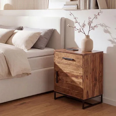 Produktbild von FineBuy Nachttisch Sheesham Massivholz Metallgestell, Schublade & Tür – Nachtkonsole Industrial Design handgefertigt – Nachtkästchen für Boxspringbett