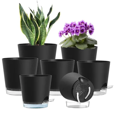Image de Lot de 7 pots d'auto-arrosage en plastique noir, diamètre 20-10,2 cm, avec indicateur de niveau d'eau