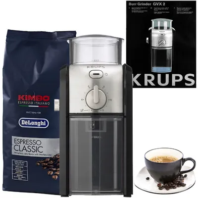 Obrázek produktu pro Mlýnek na kávu Krups GVX242 z nerezové oceli s 1 kg zrnkové kávy Kimbo