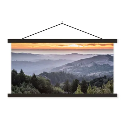 Produktbild von MuchoWow® Textilposter Berge - Sonne - Wald - Landschaft 150x75 cm mit schwarzem Rahmen - Posterleiste