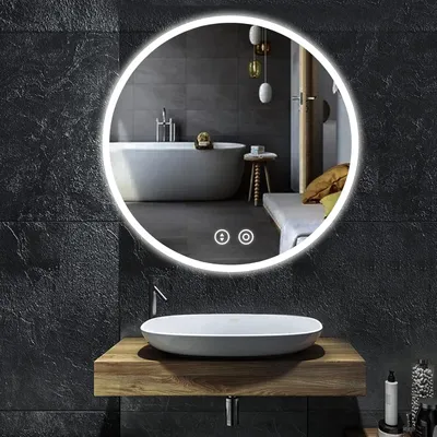 Produktbild von YOLEO runder Badezimmerspiegel mit Licht, Wandspiegel mit Touch-Schalter und explosionssicherem Glas, 60*60cm, 3 Lichtfarben dimmbar, 6500 K