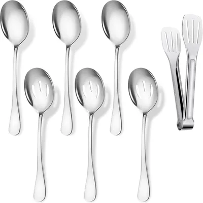Imagen del producto de Juego de 7 cucharas para servir, de acero inoxidable, de 22 cm y 18,5 cm, para usar en la cocina y en buffets