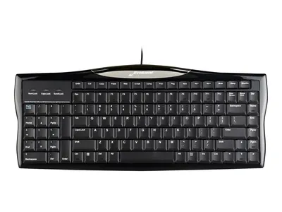 A black keyboard is shown against a white background.