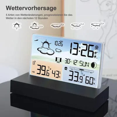 Produktbild von OKWISH Wetterstation Funk mit Außensensor, Temperaturwarnung, RF Funkuhr - Batteriebetrieb und USB-Netzkabel, in transparentem Glas Design mit Anzeige, edel und modern
