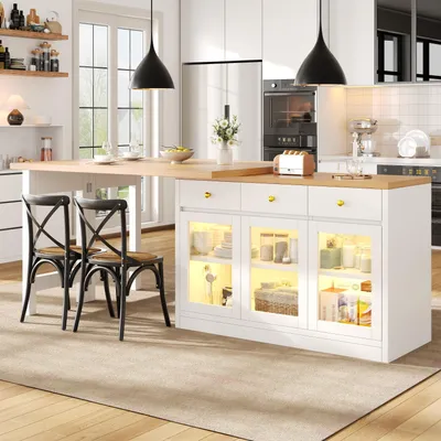 Produktbild von STILVORA Kücheninsel ausziehbar mit App-gesteuerter LED-Beleuchtung, Küchenschrank mit 3 Schubladen und Glastüren, Esstisch im modernen Design, Weiß