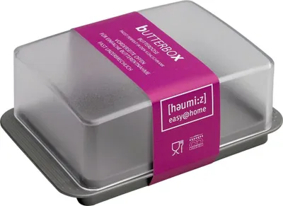 Produktbild von homiez Butterdose, Butterbox, Butterbehälter für ein Butterstück (250g), milchig transparenter Deckel, metallic-silber farbiger Boden