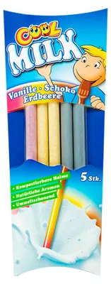 Obrázek produktu pro Chladivé mléko s brčkem na pití vanilka čokoláda příchuť jahoda 5 kusů 30g