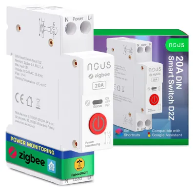 Obrázok produktu pre Zigbee spínače na montáž na DIN lištu, 20A, inteligentné spínače s monitorovaním spotreby energie, kompatibilné s Zigbee2MQTT, Home Assistant, Alexa a Google Home, ovládanie cez aplikáciu, hlasové ovládanie a časovač