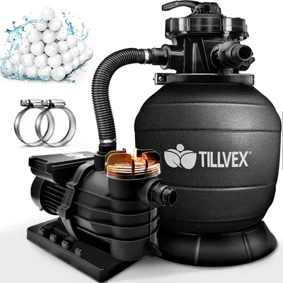 Immagine prodotto di tillvex sistema di filtraggio a sabbia per piscina 10 m³/h incl. 800 g di sfere filtranti nere | sistema di filtraggio valvola a 7 vie & adattatore 2in1 Ø32mm - 38mm | filtro per piscina con indicatore di pressione | filtro a sabbia per piscine