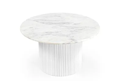 Zdjęcie produktu dla Marmoholz - Stolik okrągły Roma Ø70xH40 cm z naturalnego białego marmuru i drewna mango – elegancki stolik kawowy w stylu nowoczesnym i skandynawskim