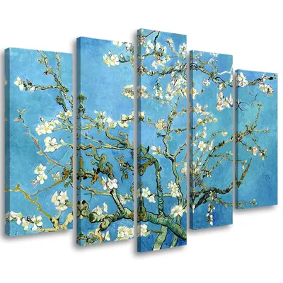 Produktbild von 5-teiliges leinwandbild mandelblüte 200x100 cm Feeby blau wandbild bereit zum aufhängen