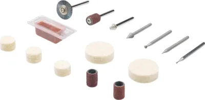 A collection of Dremel rotary tool accessories laid out on a white background.