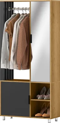 Produktbild von Kleiderschrank mit Spiegel und Hängestange, Aufbewahrungsfächer, offene Ablageflächen, Naturholz, Schwarz