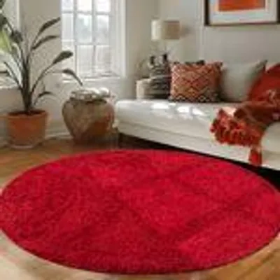 A red rug in a living room setting with a couch and plants.