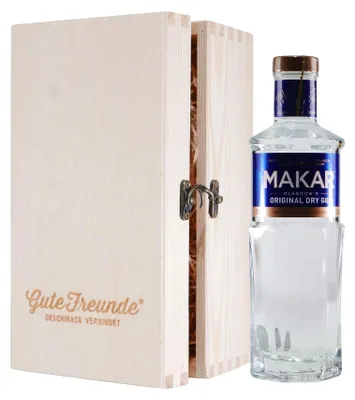 Produktbild von Makar Glasgow Dry Gin mit Geschenk-Holzkiste