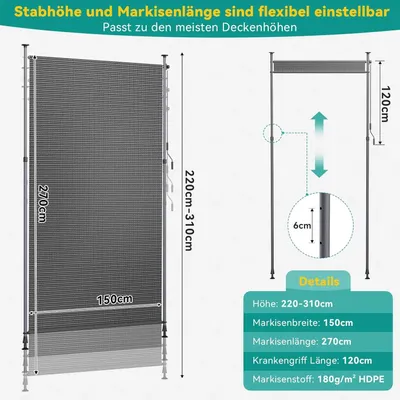 Obrázek produktu pro Venkovní clona na balkon a terasu - vertikální žaluzie s upínáním - ochrana proti slunci z HDPE, manuální ovládání bez provázku, 150x270 cm - šedá