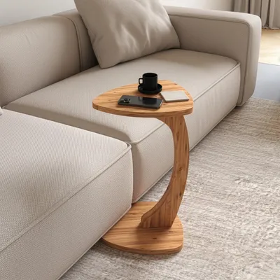 Produktbild von Beistelltisch C-Form Reuleaux-Dreieck, Oak, Sofatisch mit Rollen, Couchtisch, Laptoptisch Couch, 56 x 39.5 x 37 cm (Oak, C-Form Dreieck)