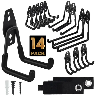 Image de Crochets muraux pour garage, lot de 14 crochets muraux, 4 tailles différentes, crochets robustes pour outils de jardin, atelier, échelles, rangement de garage (noir)