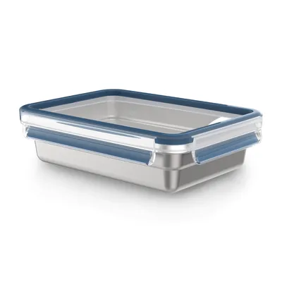 A stainless steel food storage container with a blue lid and clear locking clips, shown from a slightly elevated diagonal angle on a white background.