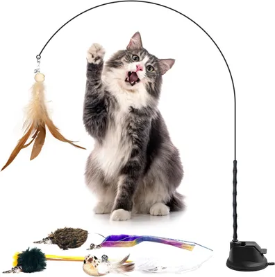 Produktbild von Katzenspielangel mit Federn, Saugnapf, interaktiv, selbstbeschäftigend